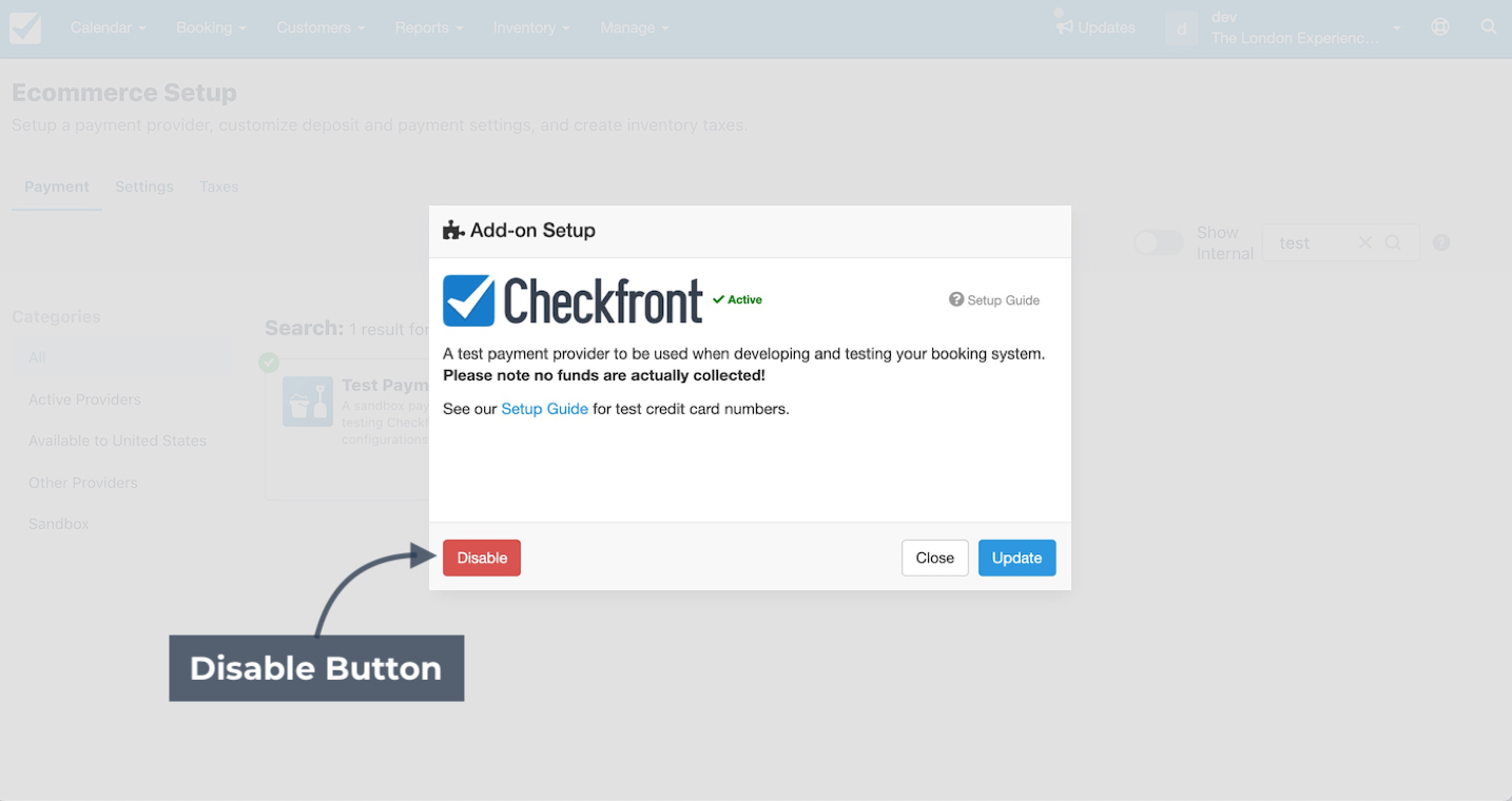 Checkfront add-on setup window with test payment provider enabled showing Disable button.