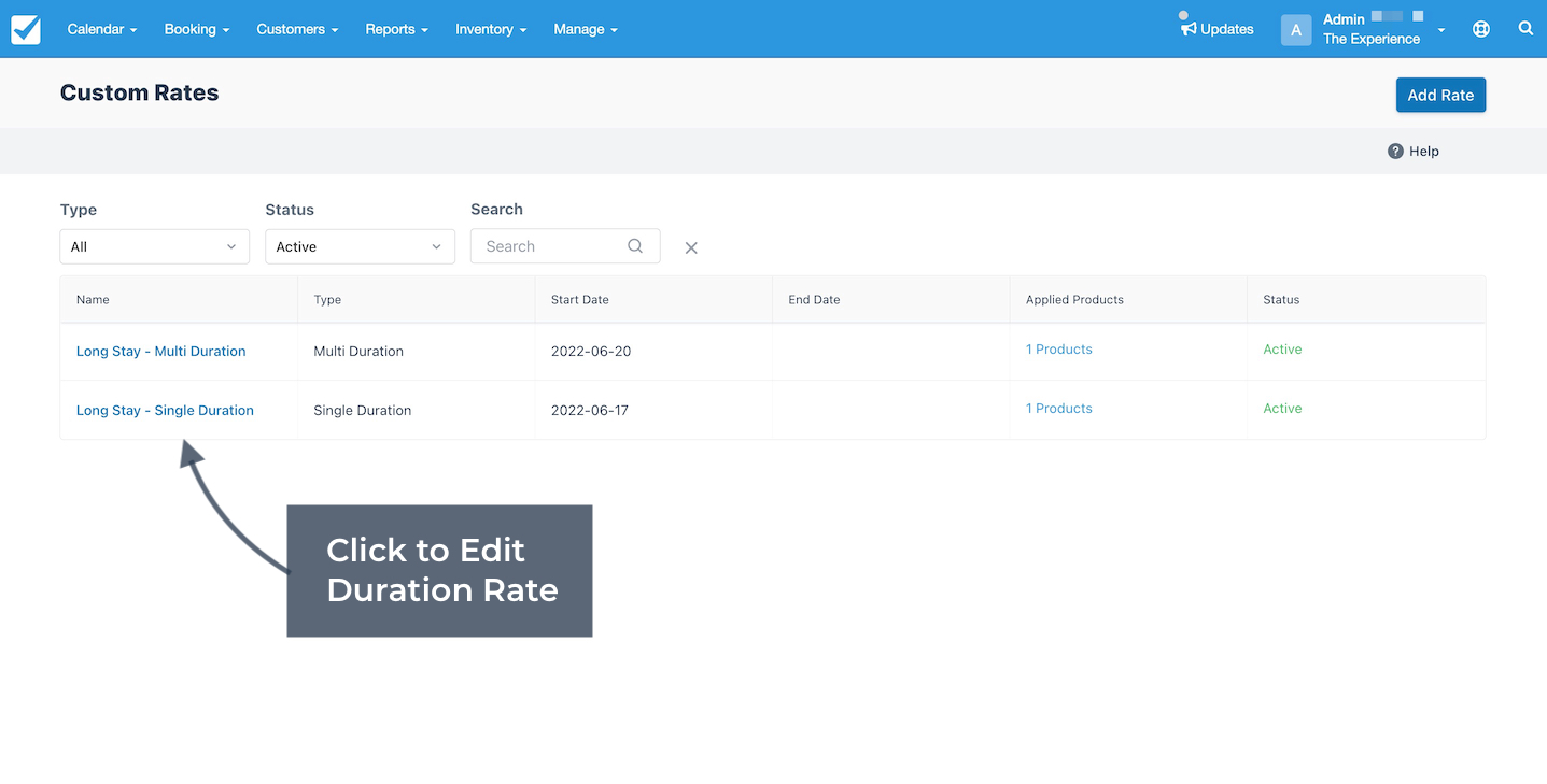 Custom rates list page showing an arrow pointing to a duration rate with the label Click to Edit Duration Rate.