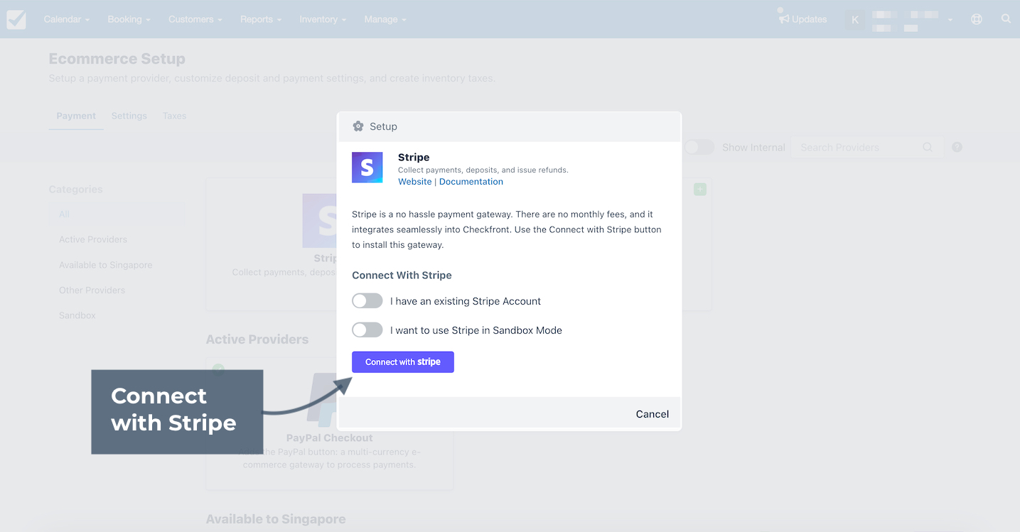 Stripe setup window in Ecommerce Setup with option to connect with Stripe highlighted.