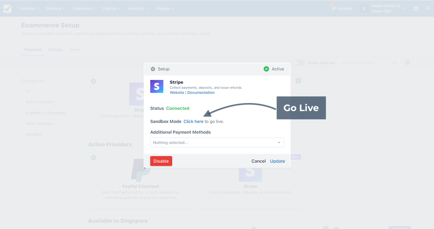 Stripe setup window showing connected status with Sandbox Mode and Go Live link highlighted.
