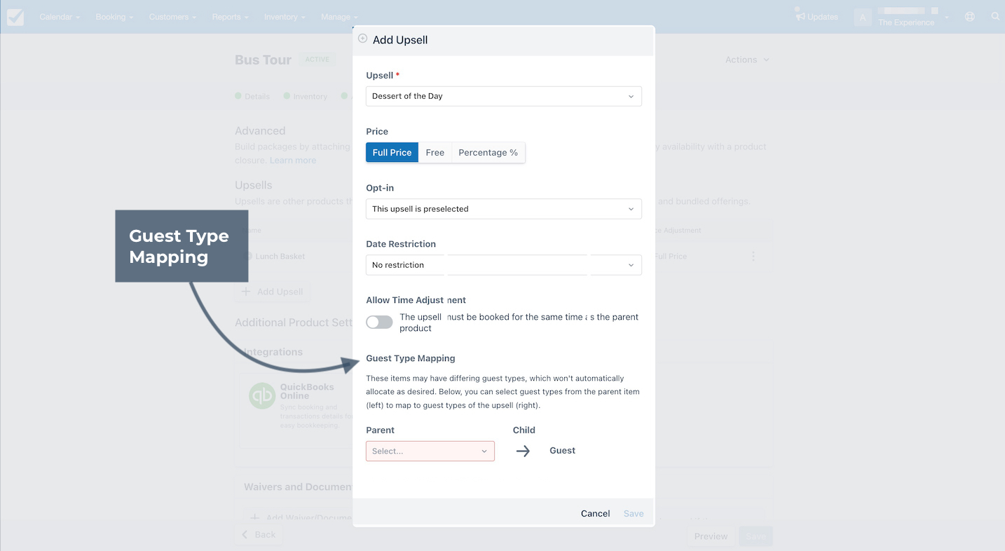 Add Upsell window showing guest type mapping parent field with options to map guest types for a bus tour upsell.