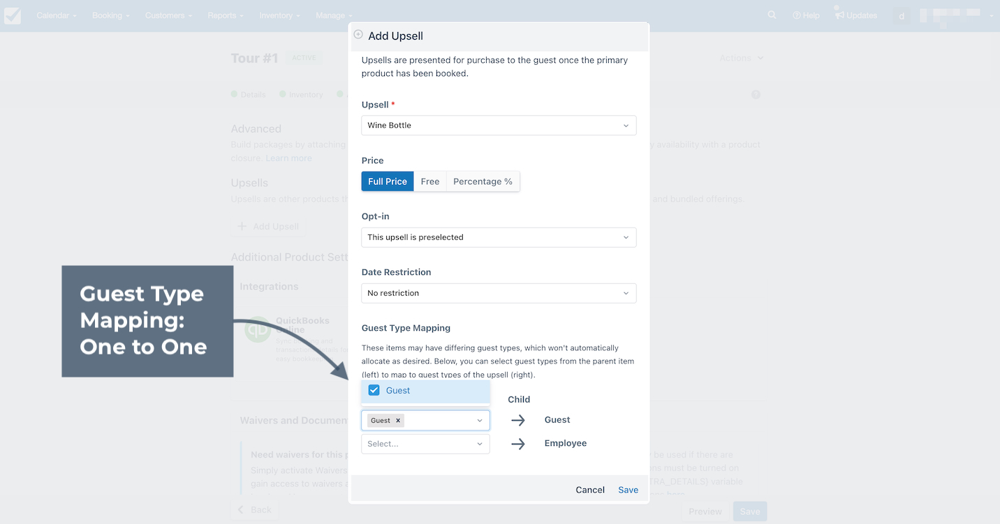 Add Upsell window showing guest type mapping one to one with Guest mapped to Guest and Employee.