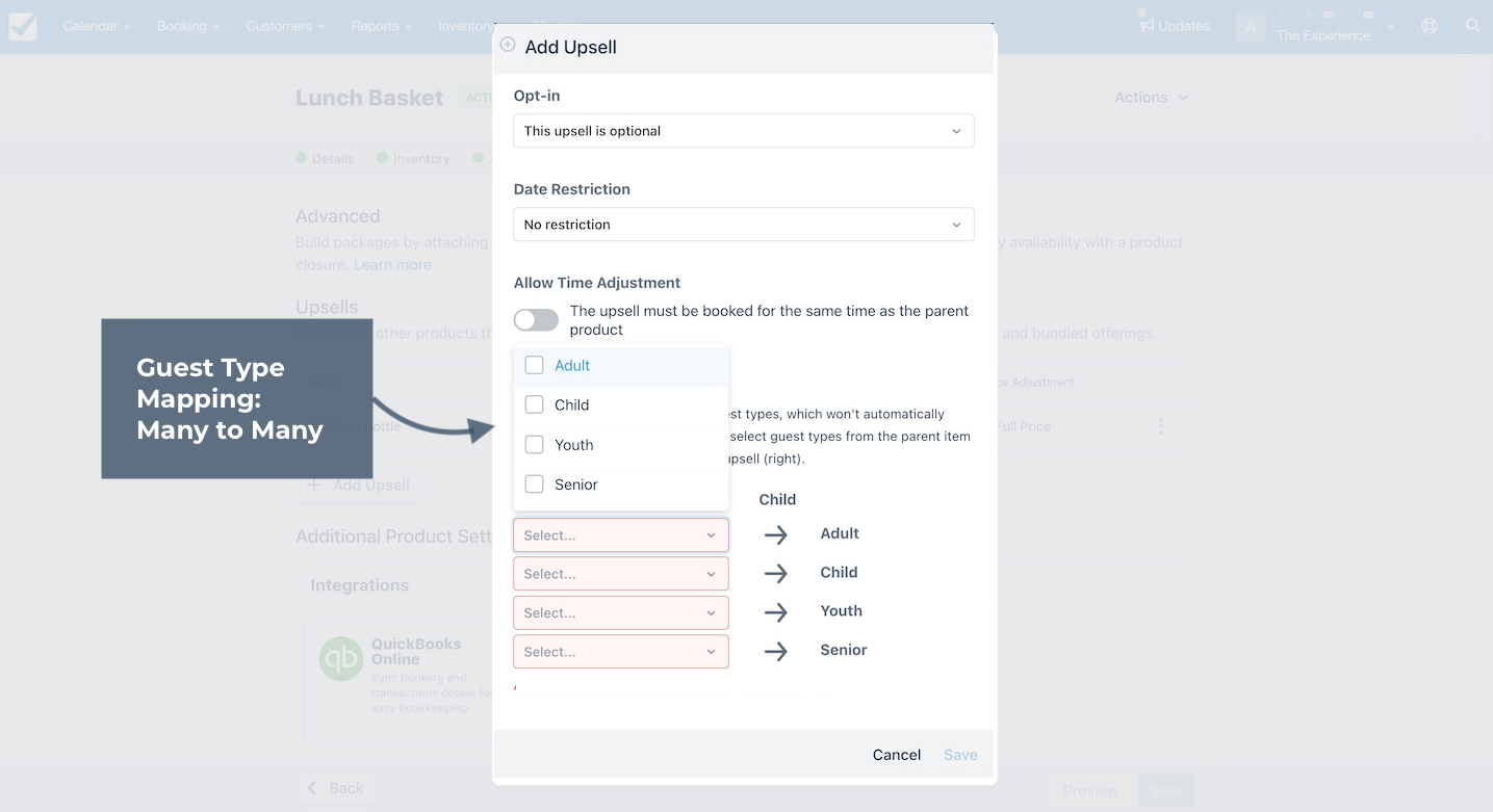 Add Upsell window showing guest type mapping many to many with multiple guest types like Adult, Child, Youth, and Senior mapped individually.