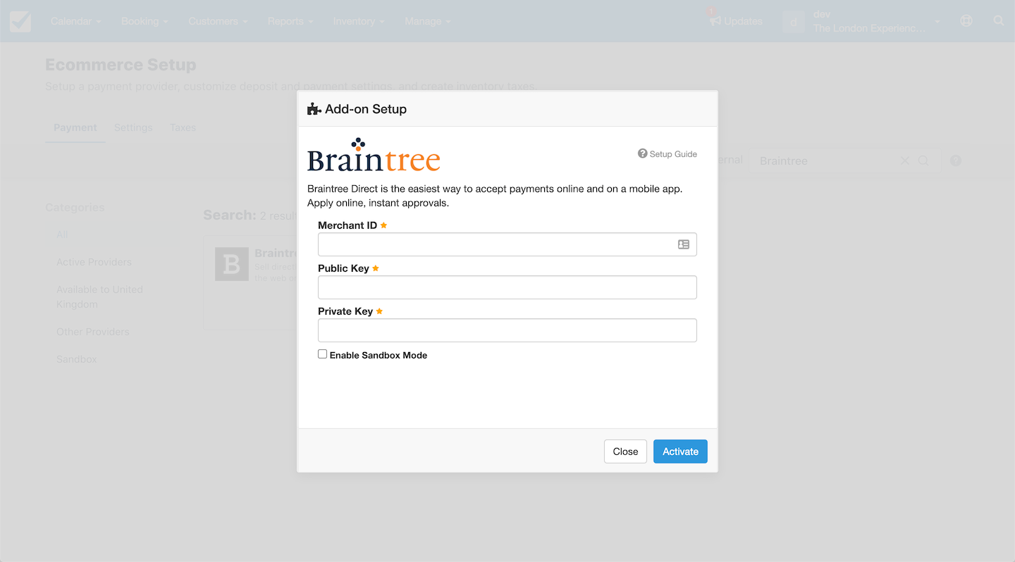 Braintree add-on setup window with empty fields for merchant ID, public key, and private key, and sandbox mode unchecked.