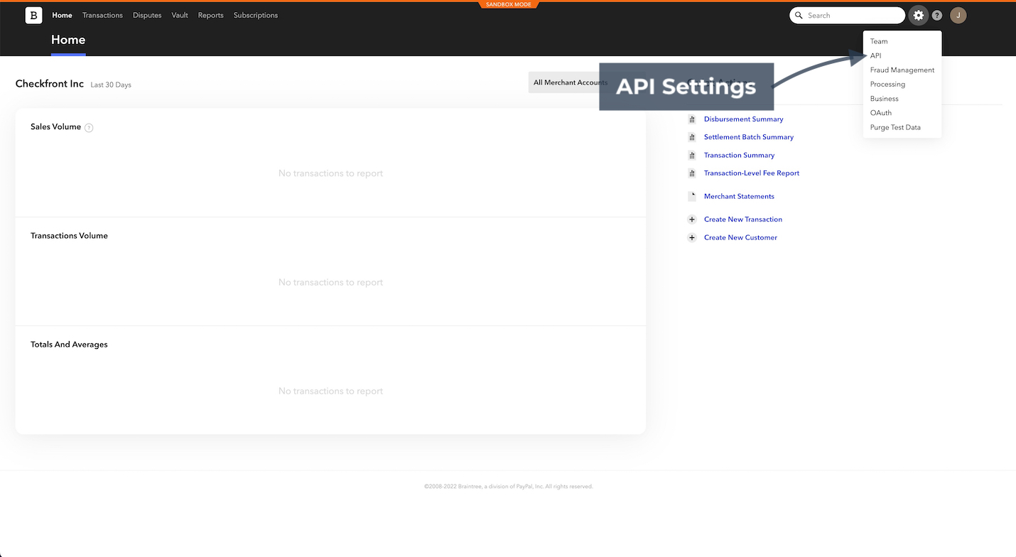 Braintree dashboard home page in sandbox mode with API settings option highlighted in the dropdown menu.
