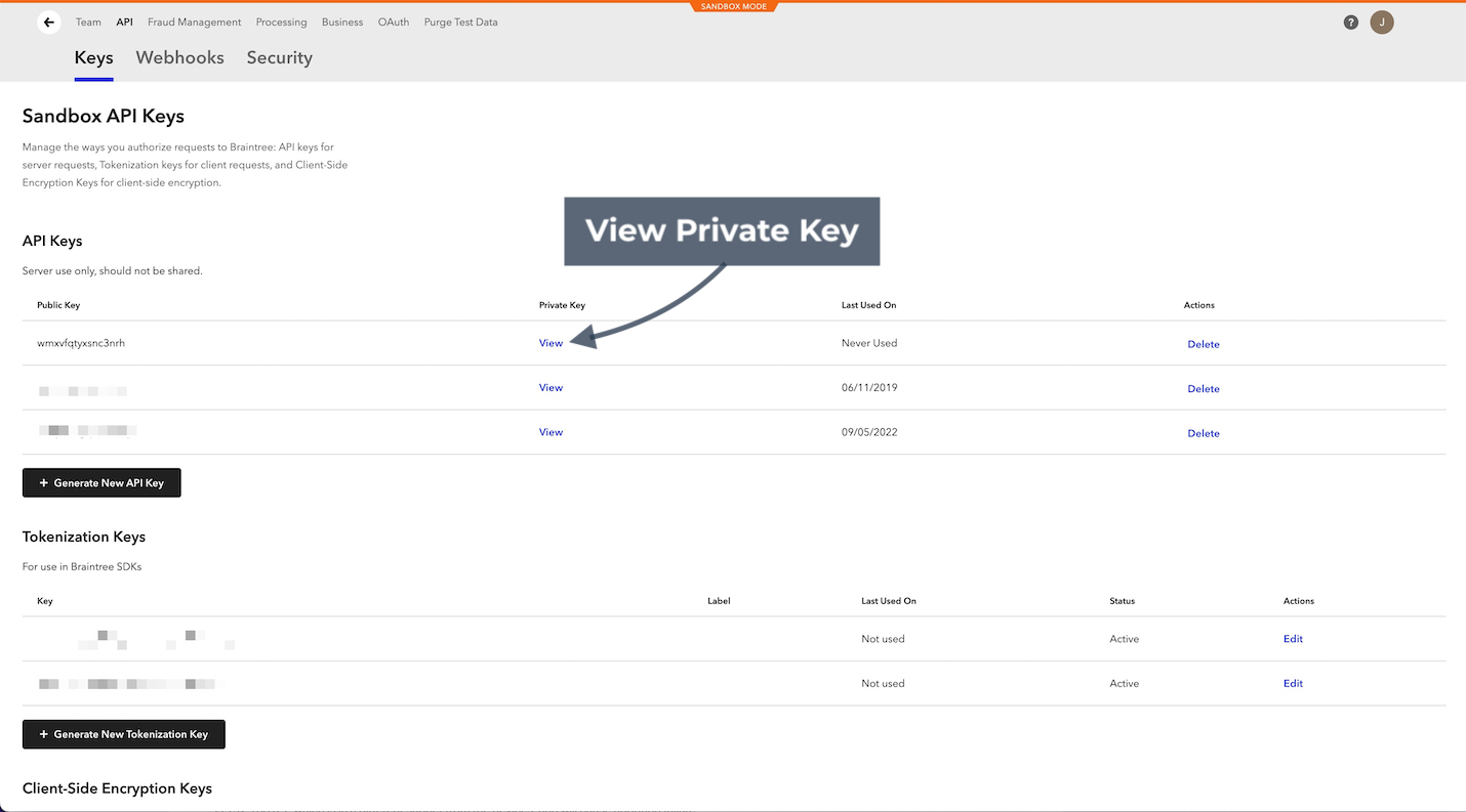 Braintree sandbox API keys page with arrow pointing to view private key link.