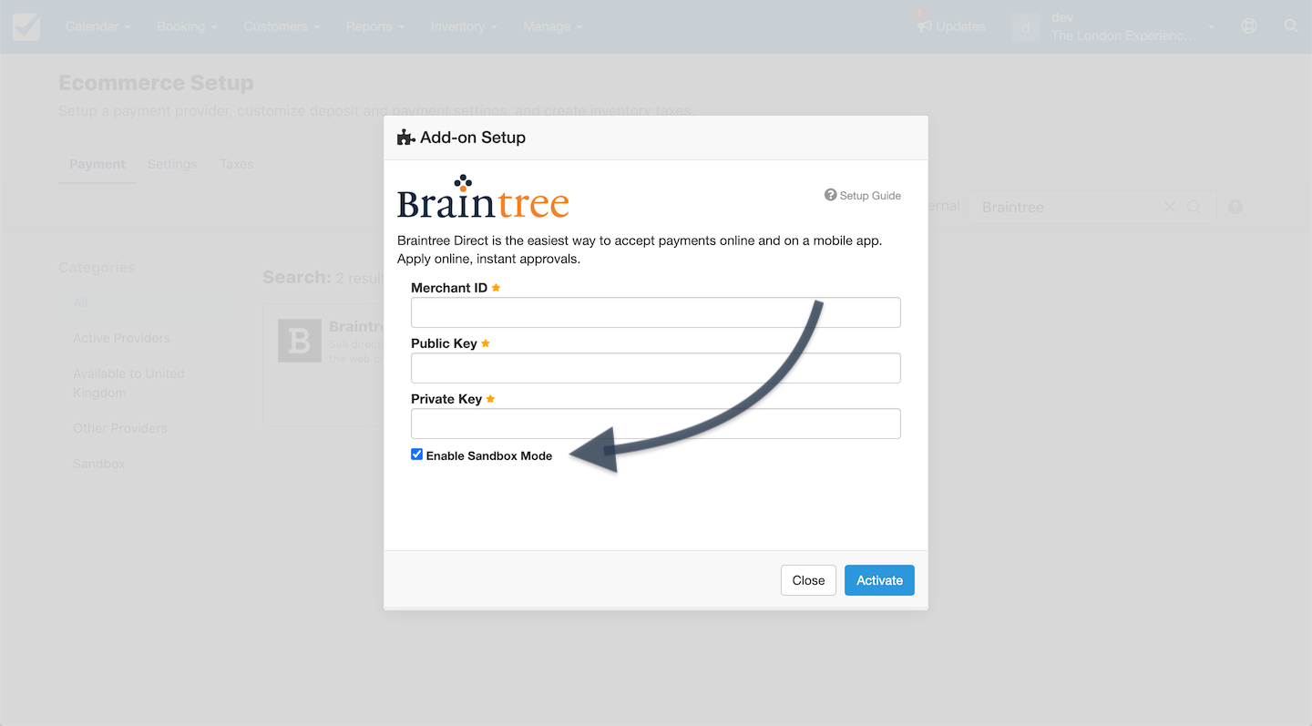 Braintree add-on setup window with fields for merchant ID, public key, and private key, with sandbox mode enabled.