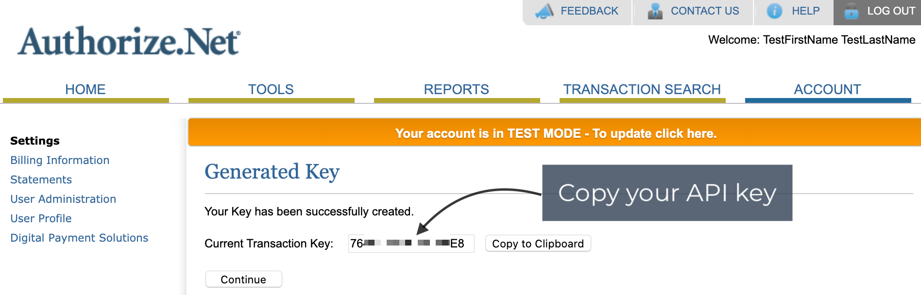 Authorize.Net generated key page with arrow pointing to current transaction key to copy.