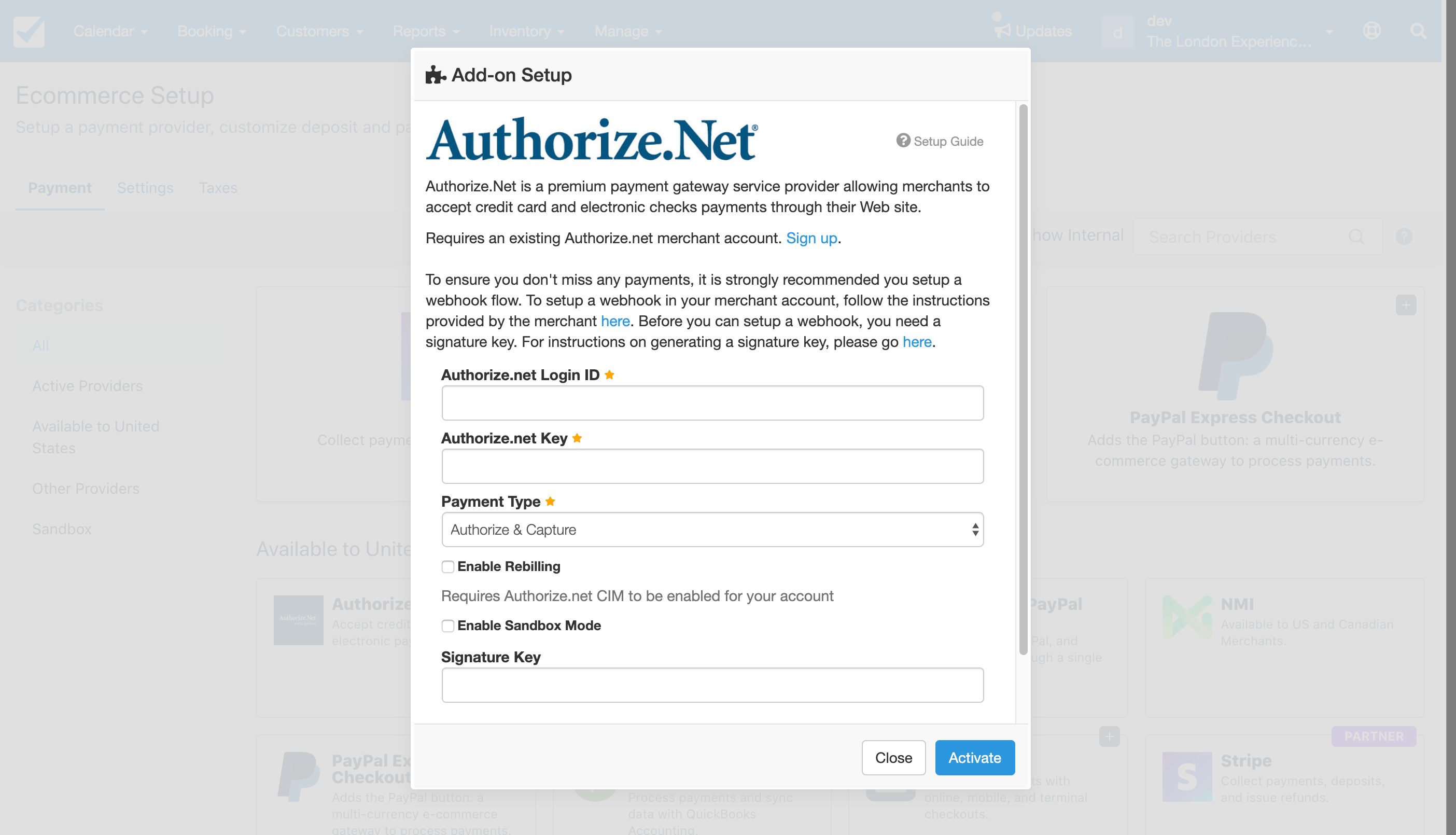 Authorize.Net setup screen showing fields for login ID, transaction key, payment type, and options to enable rebilling or sandbox mode.