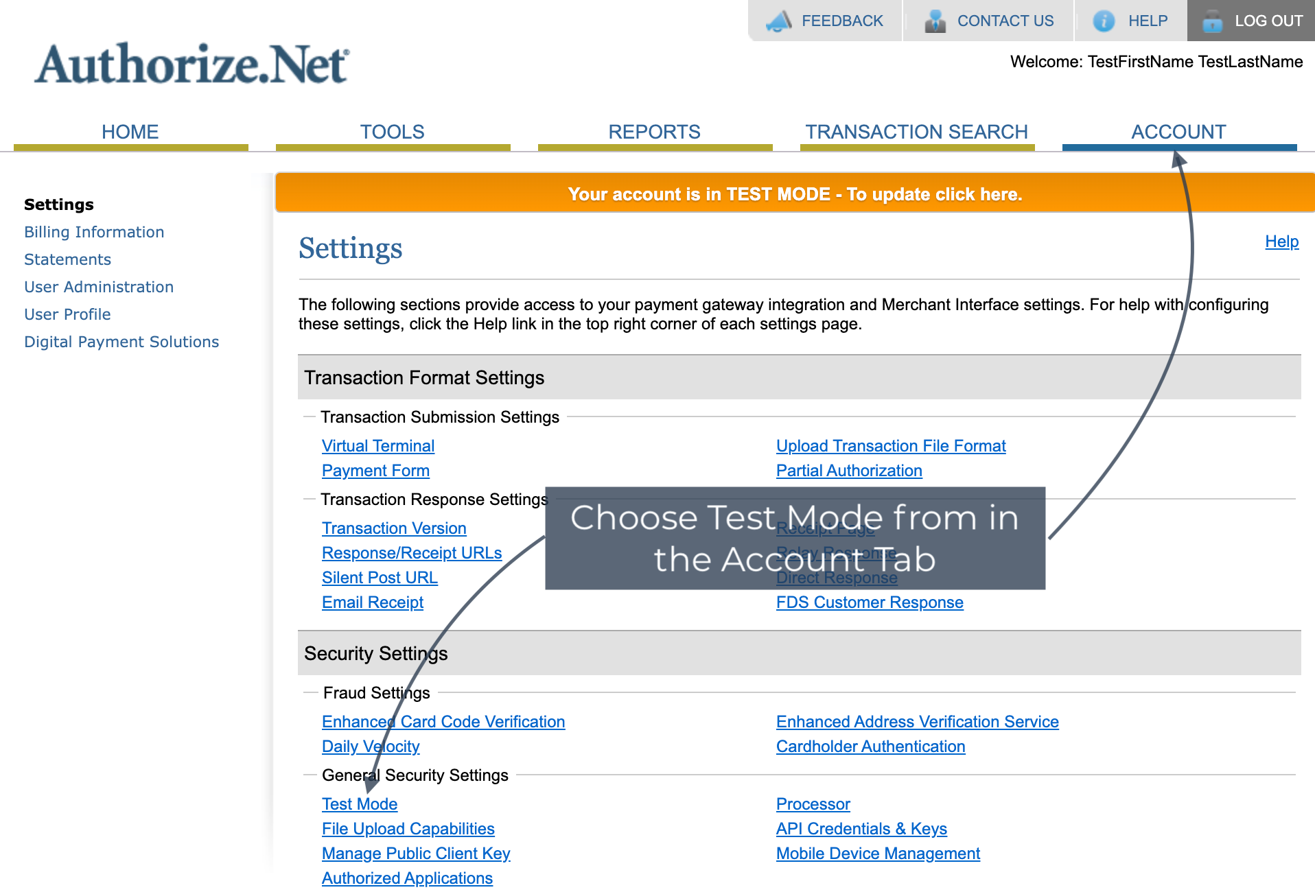 Authorize.Net account settings page with arrow pointing to test mode option in the account tab.
