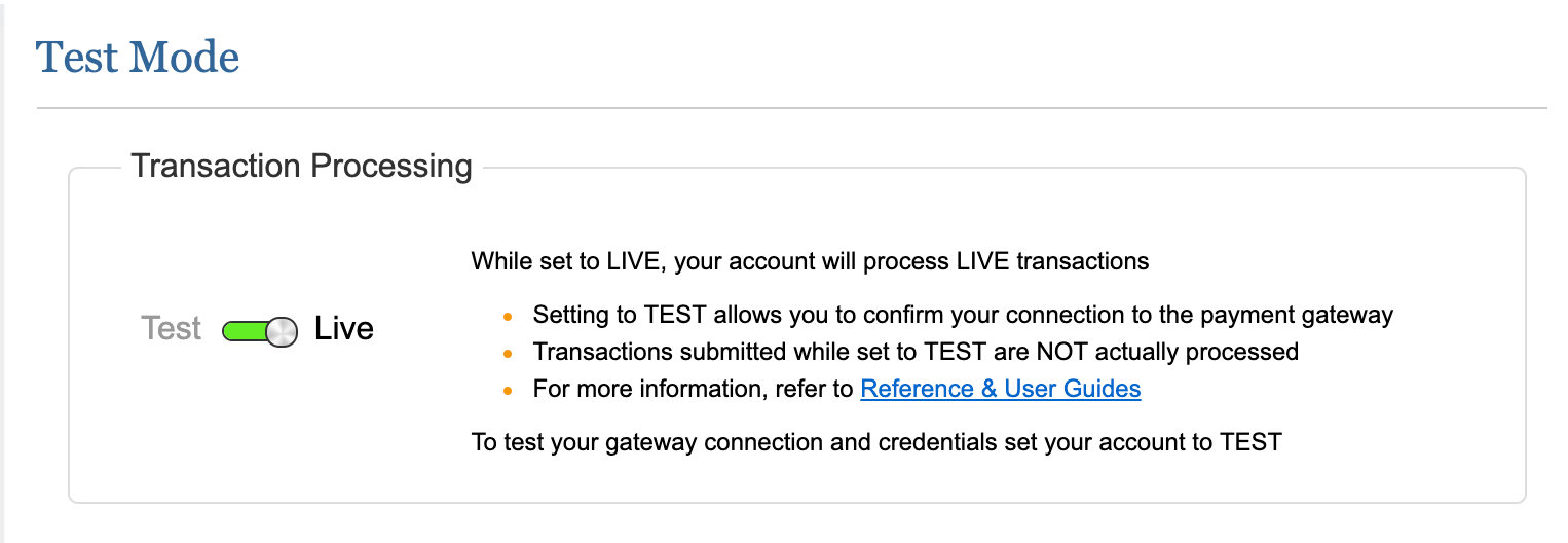 Authorize.Net test mode settings screen with toggle switched to live for processing live transactions.