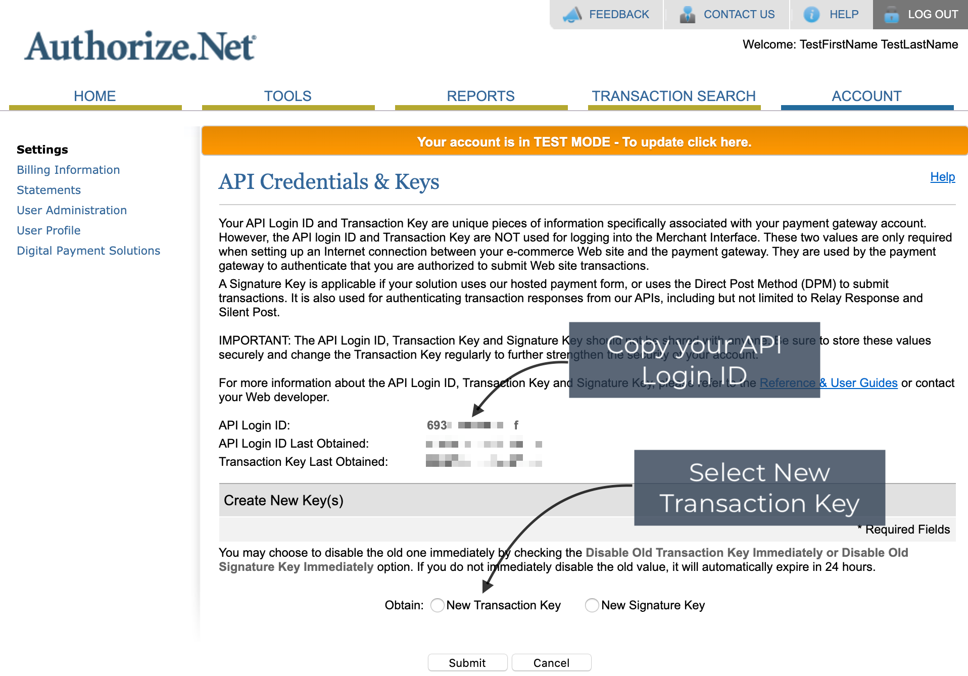 Authorize.Net API credentials and keys page with arrow pointing to API login ID and new transaction key selection.