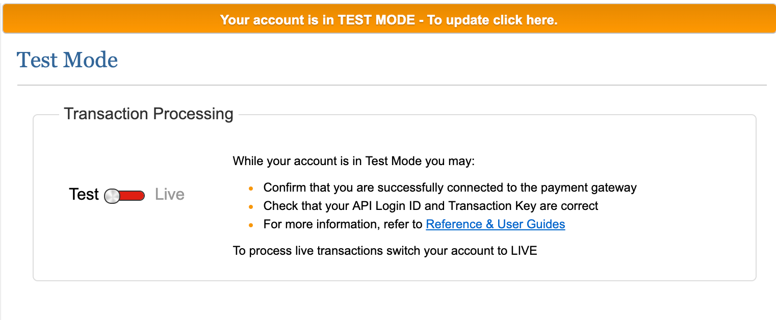 Authorize.Net test mode settings screen with toggle set to test and details on transaction processing.