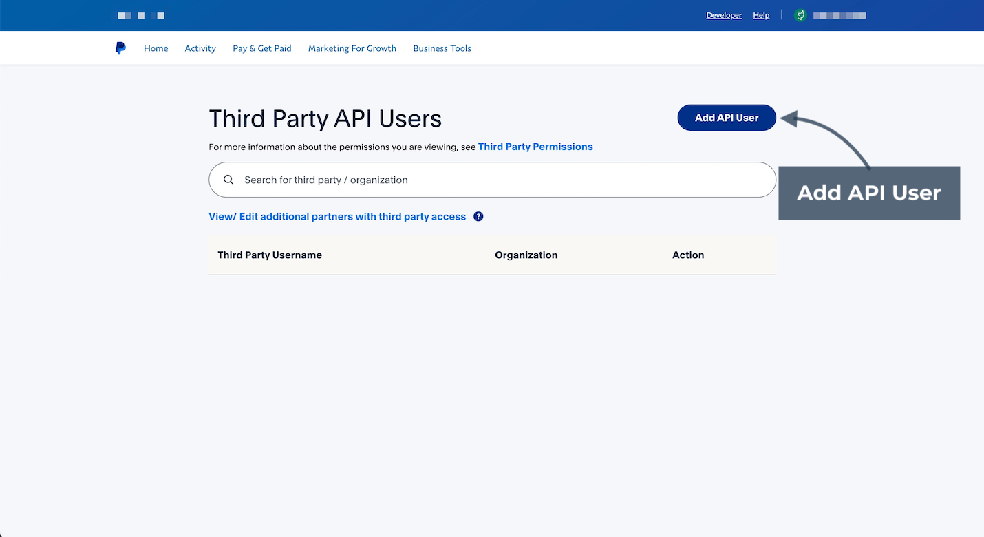 PayPal Add API User