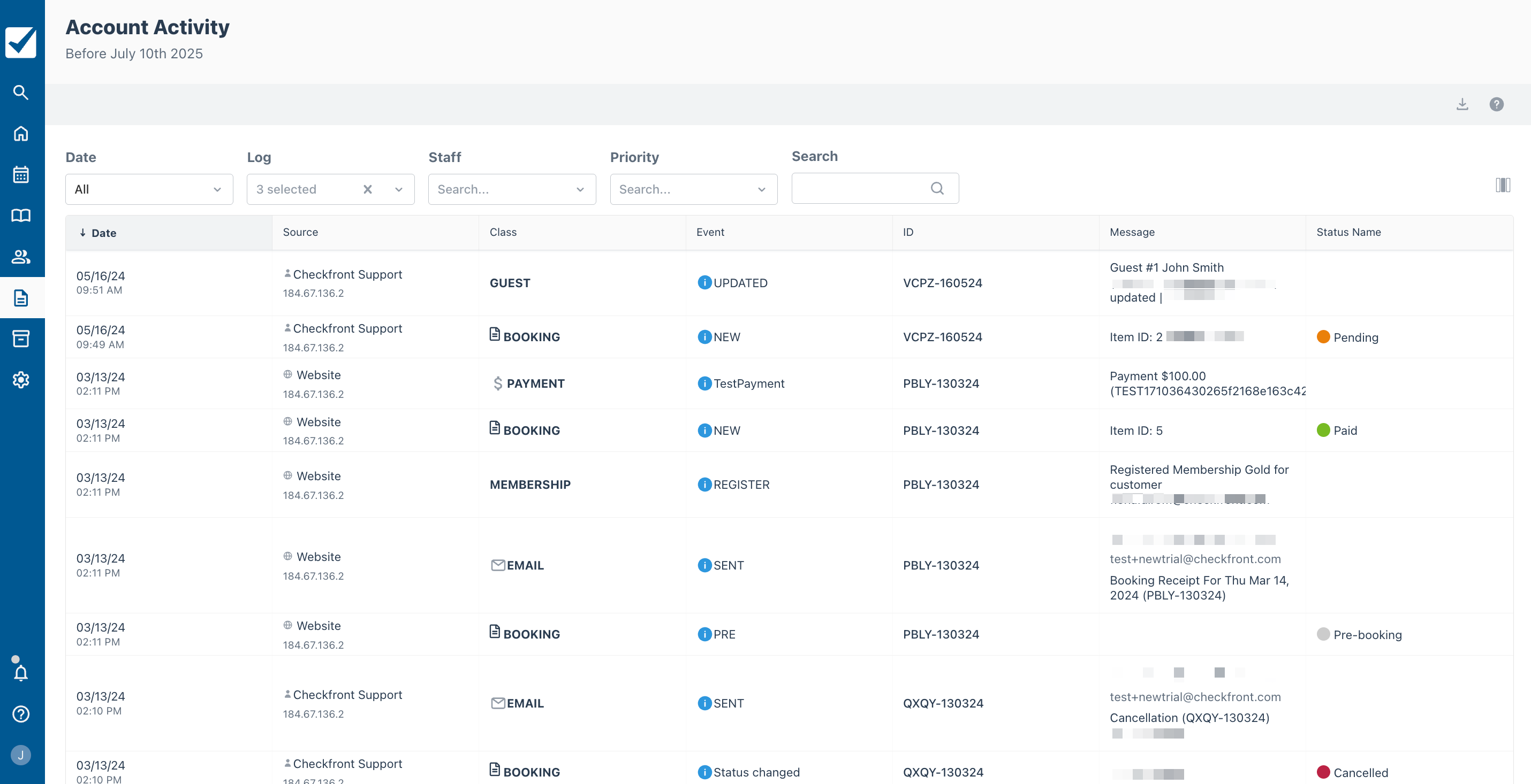 Account Activity dashboard displaying filtered system, booking, payment, and email logs with status updates for each event.