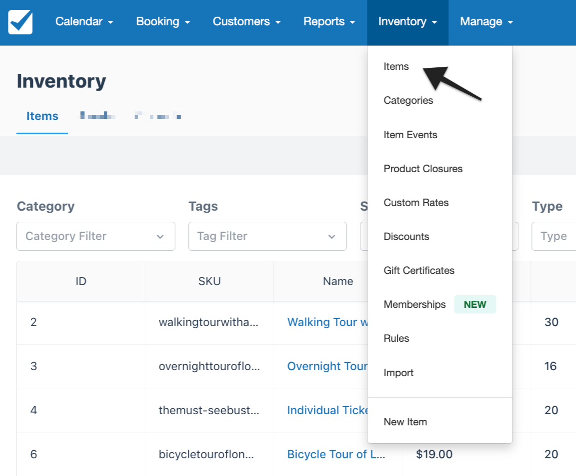 Inventory page showing the dropdown menu with the 'Items' option highlighted and a table listing inventory details such as ID, SKU, Name, and other fields.