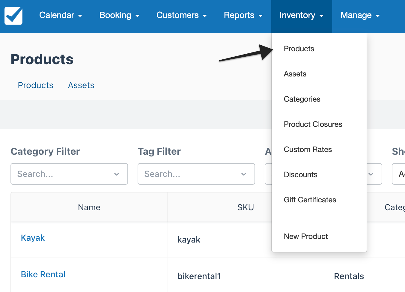 Inventory menu expanded with the 'Products' option highlighted by an arrow, showing the Products page with filters and a product list including Kayak and Bike Rental.