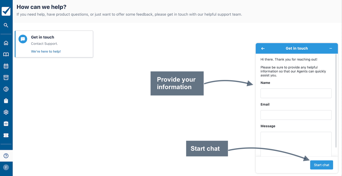 Help page chat form with arrows highlighting where to enter name, email, and message before starting a live chat.