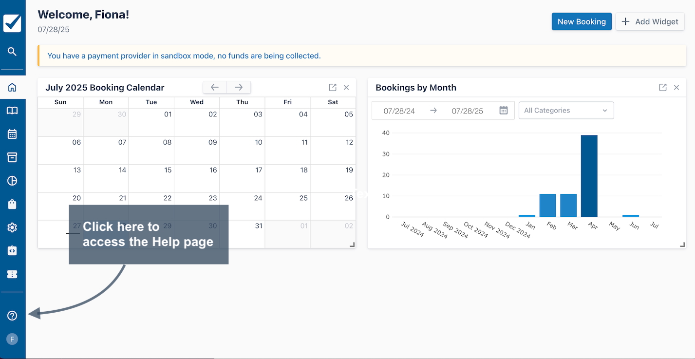 Dashboard view with an arrow pointing to the Help icon in the sidebar to access support.