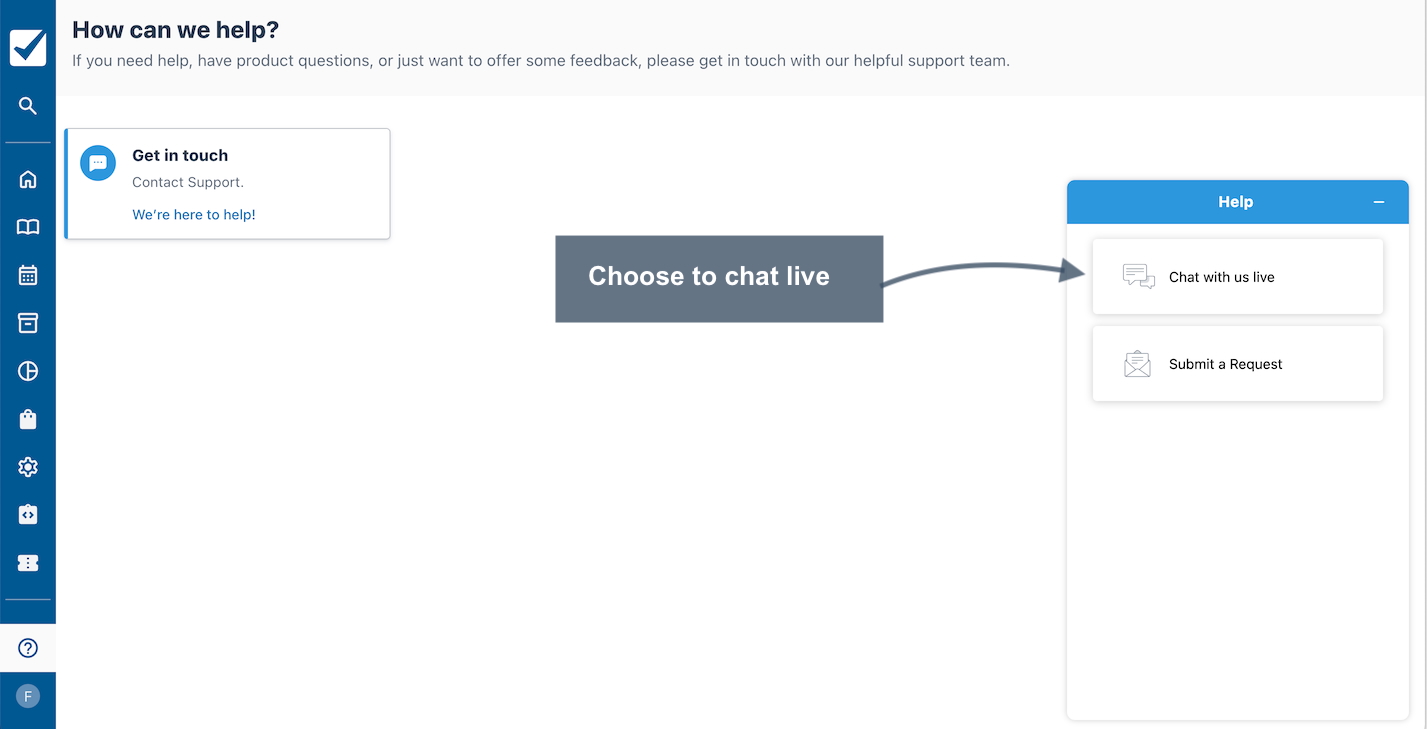 Help page with the chat option highlighted showing how to choose live chat support.
