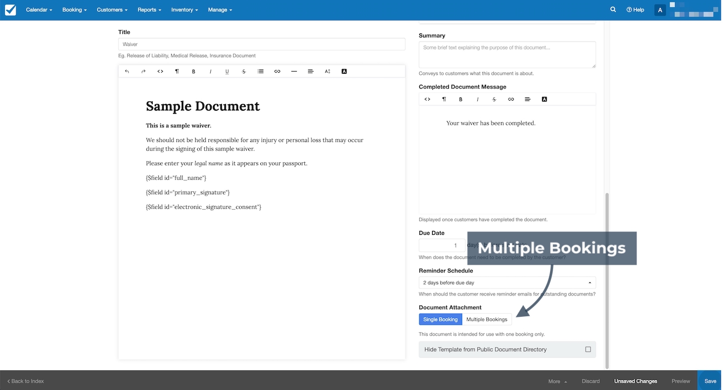 Waiver document editor with the Multiple Bookings option highlighted under Document Attachment.