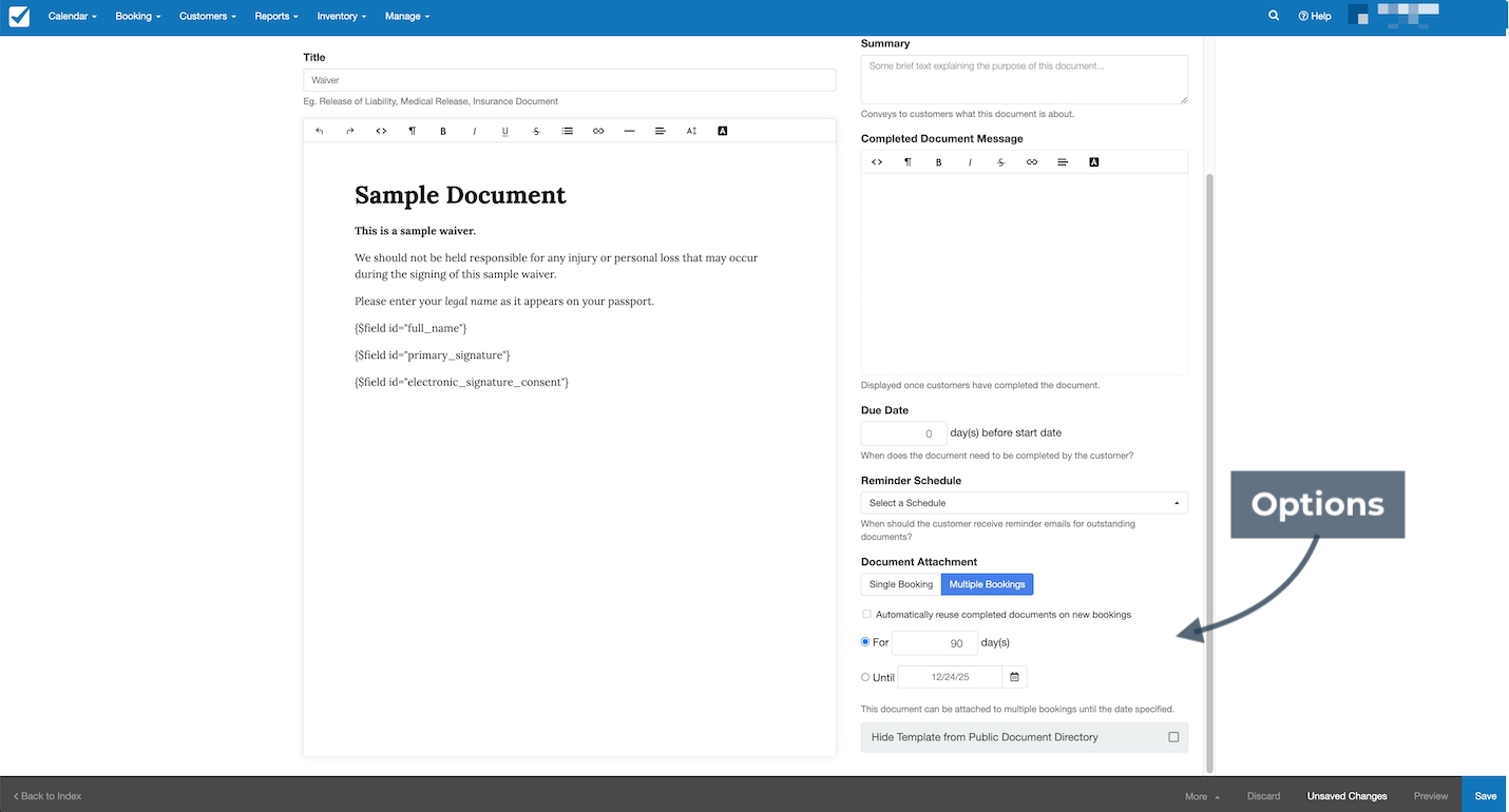 Waiver document editor showing advanced attachment options with the Multiple Bookings setting enabled.