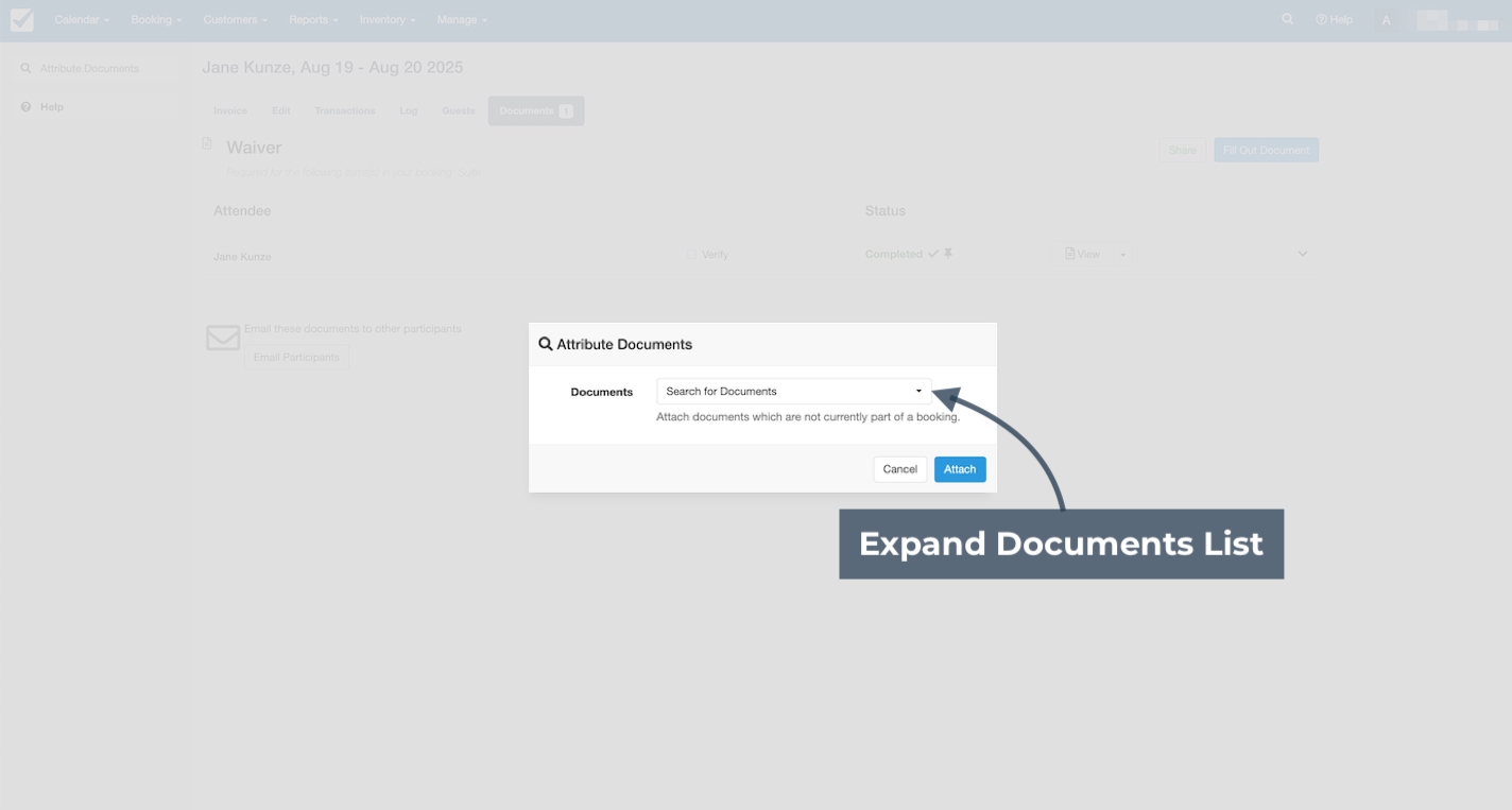 Attribute Documents pop-up with a dropdown menu to search for and select documents to attach.