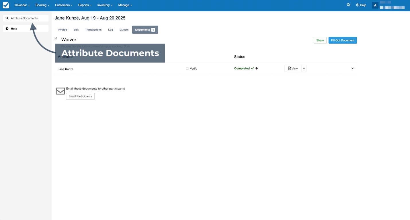 Booking details page with the Attribute Documents button highlighted in the sidebar for attaching additional waivers.