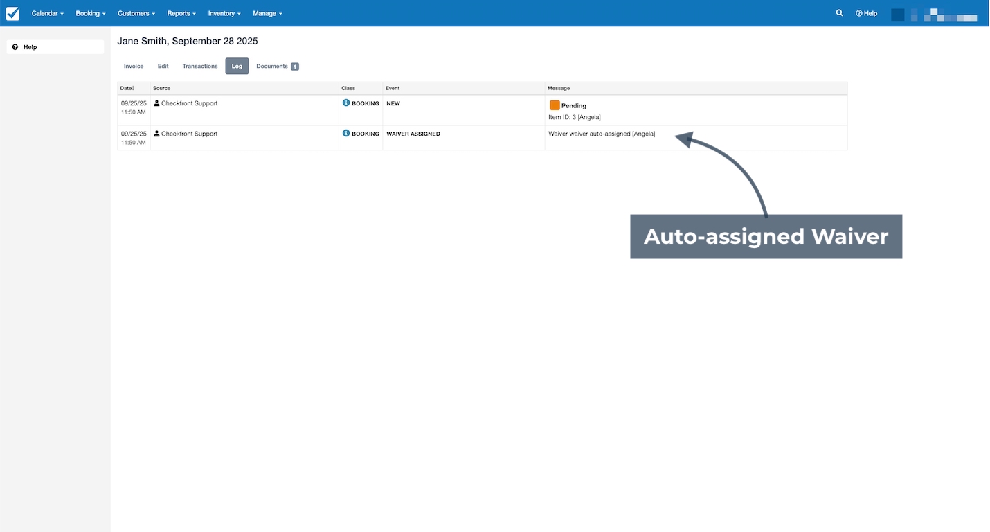 Booking log view showing a waiver document automatically assigned to the booking.