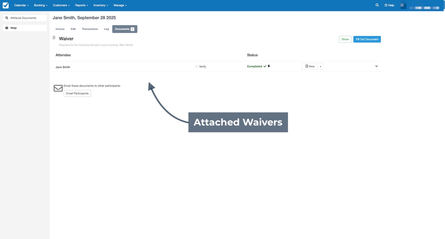 Booking details page showing attached waiver documents with the attendee name and status listed.