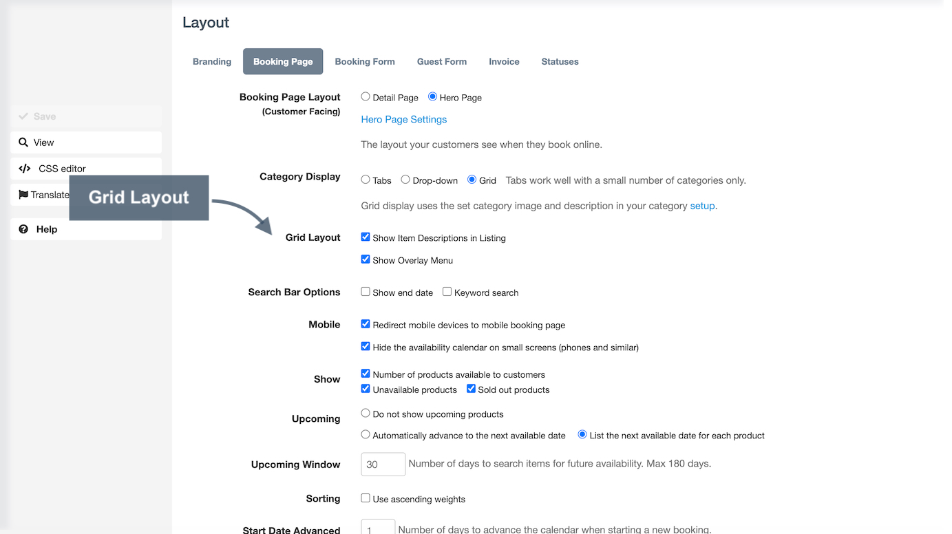 Admin dashboard layout settings panel highlighting grid layout options with item descriptions and overlay menu enabled.