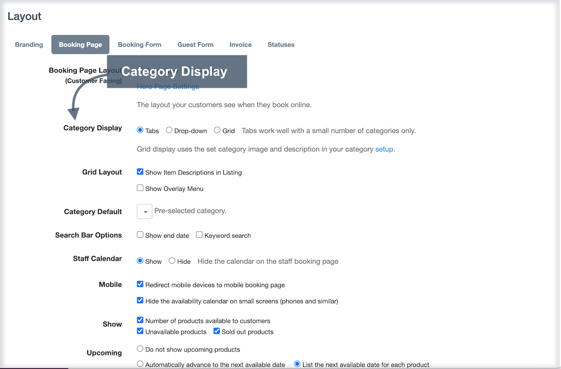 Booking page layout settings highlighting category display options with an arrow pointing to tabs, dropdown, and grid display choices.