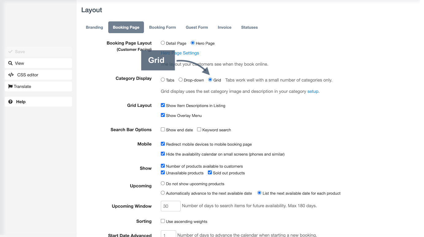 Booking page layout settings highlighting the grid option with an arrow pointing to the grid layout selection under category display.