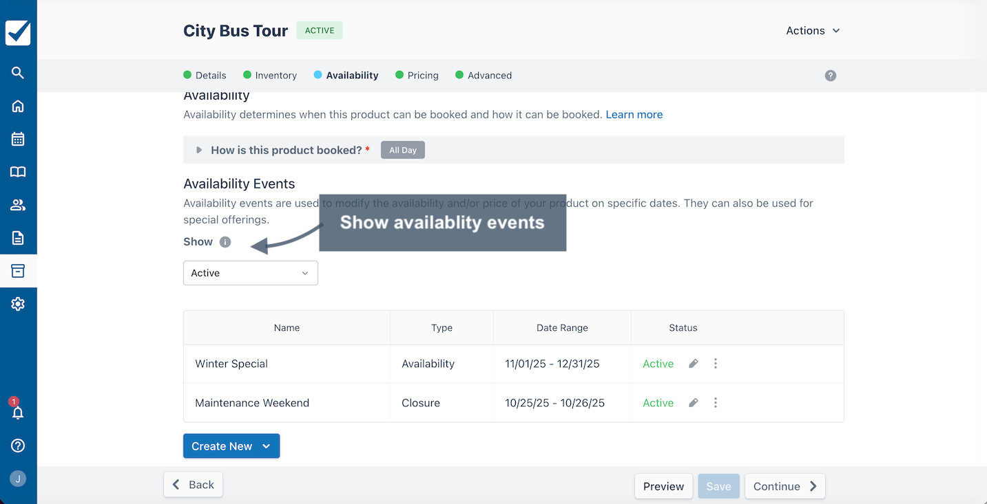 Dashboard view showing availability events list pointing to the show drop-down menu with option to filter events displayed.