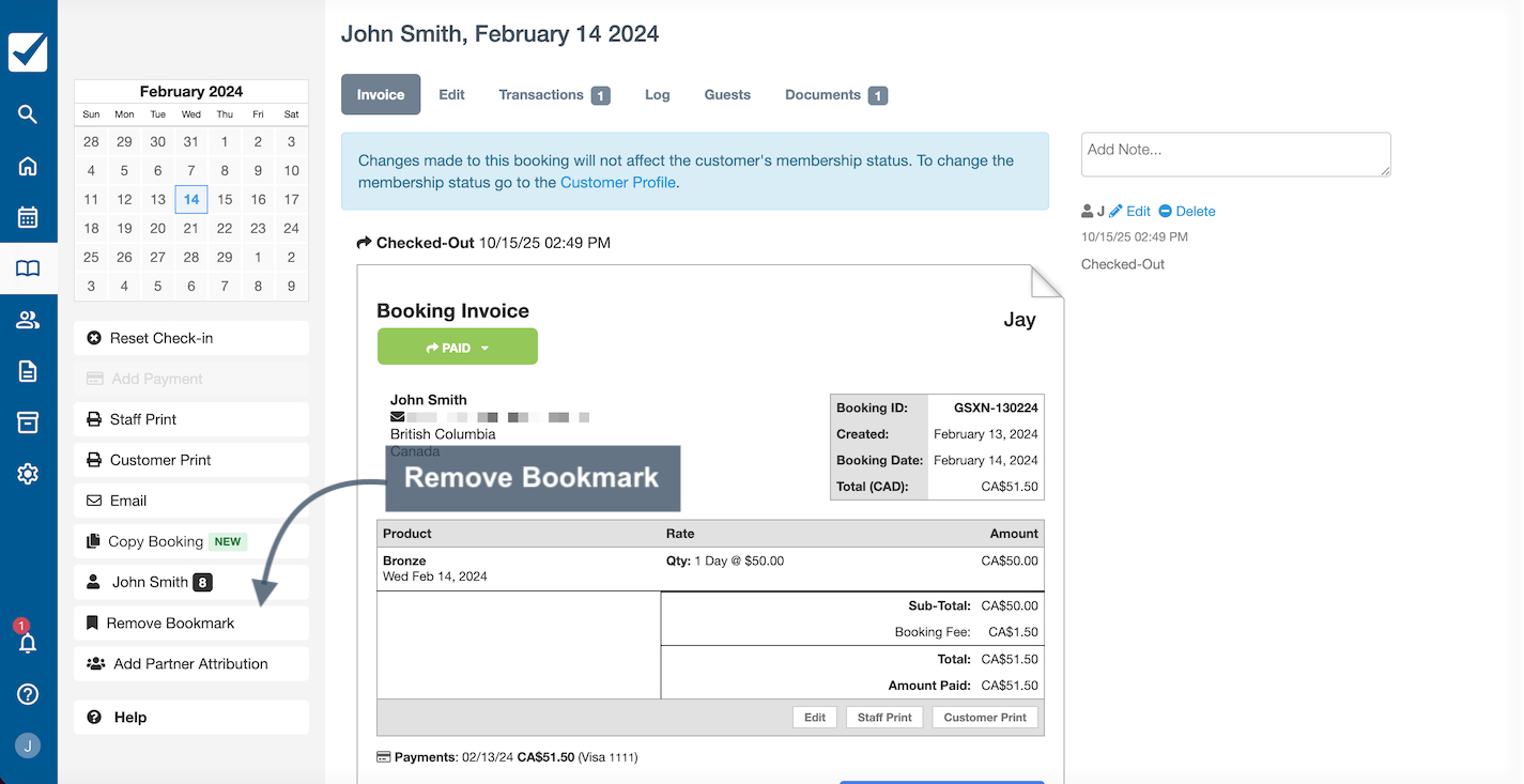 Bookmarks screen highlighting the Remove Bookmark button