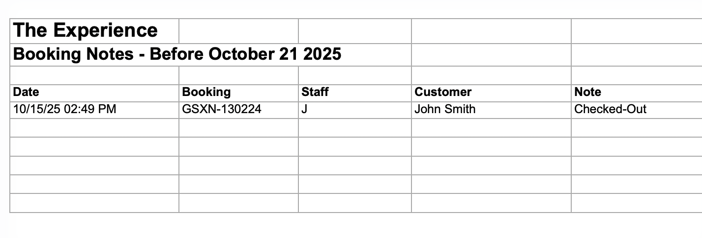 Booking notes export file example in Apple Numbers