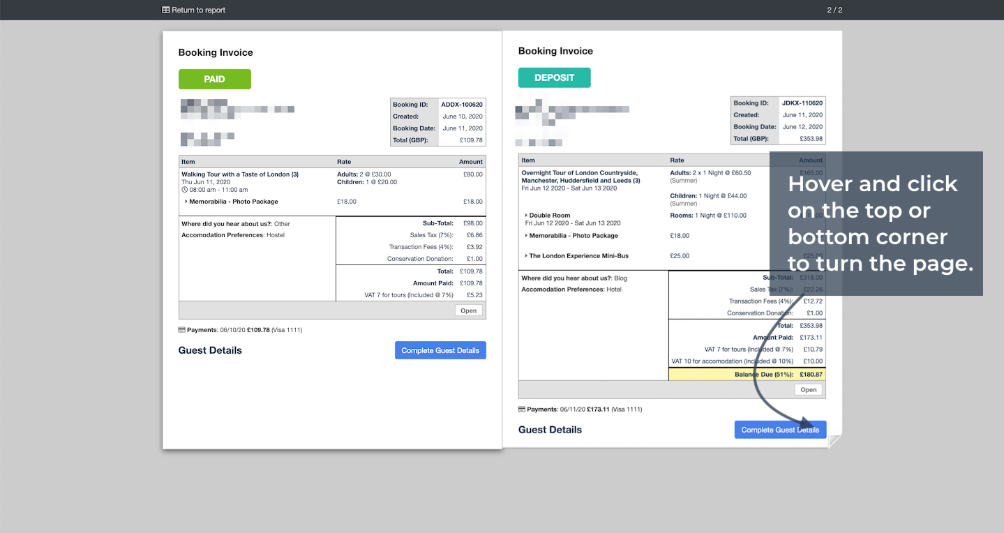 Booklet showing two booking invoices side by side with an instruction to click the corner to turn the page.