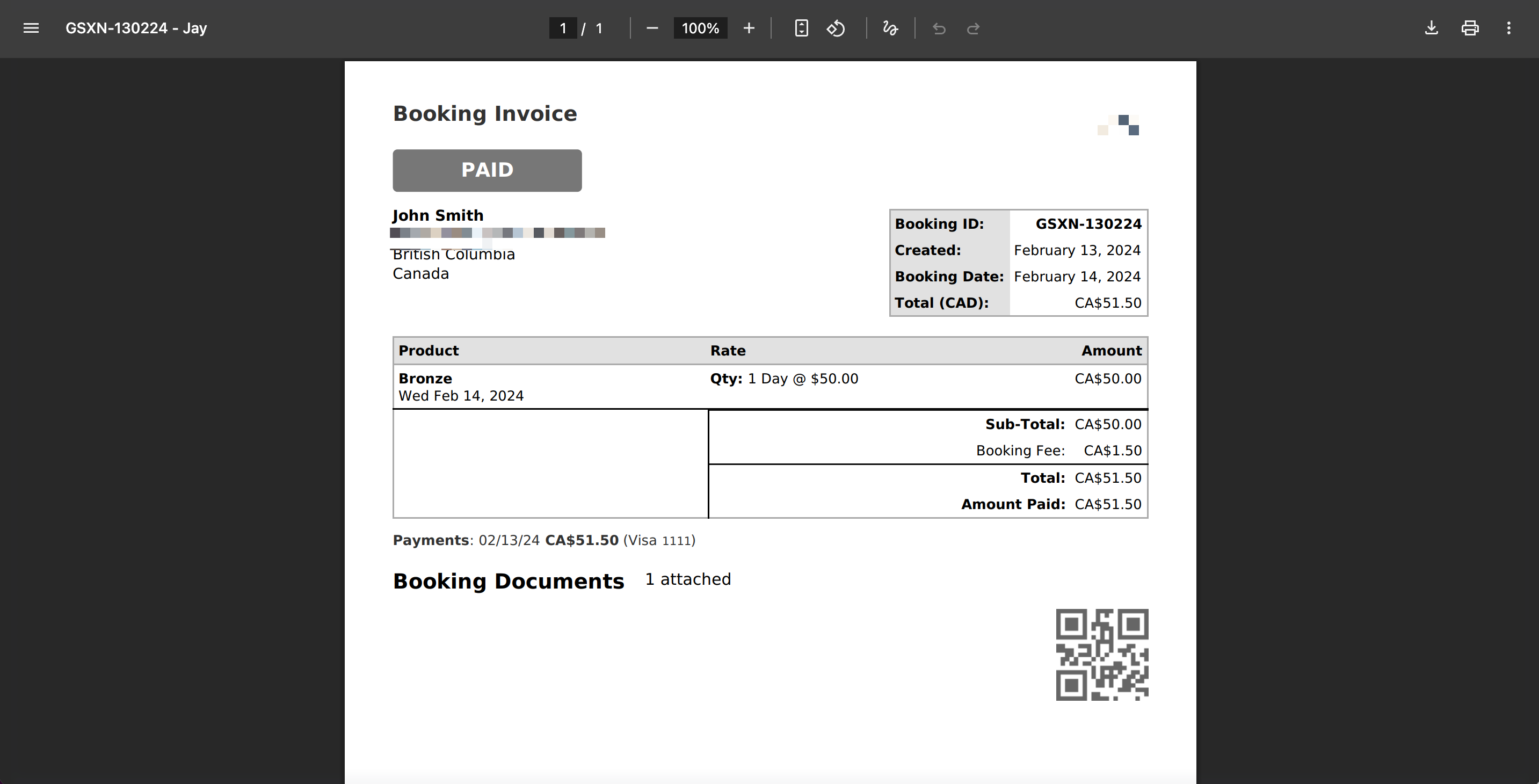 Example of booking invoice open in browser viewer.