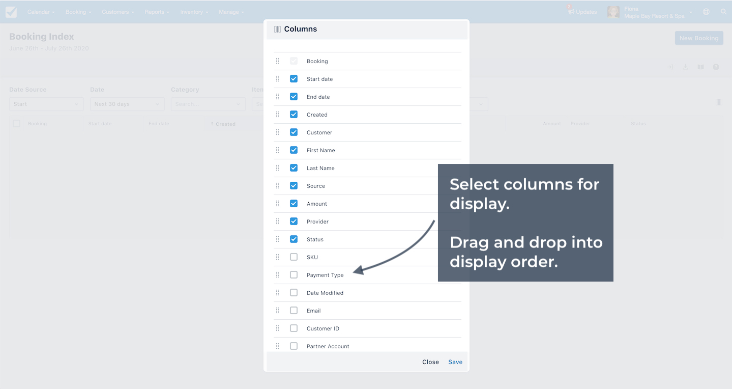 Booking Index settings panel showing column selection options with an arrow pointing to Payment Type and instructions for reordering columns.