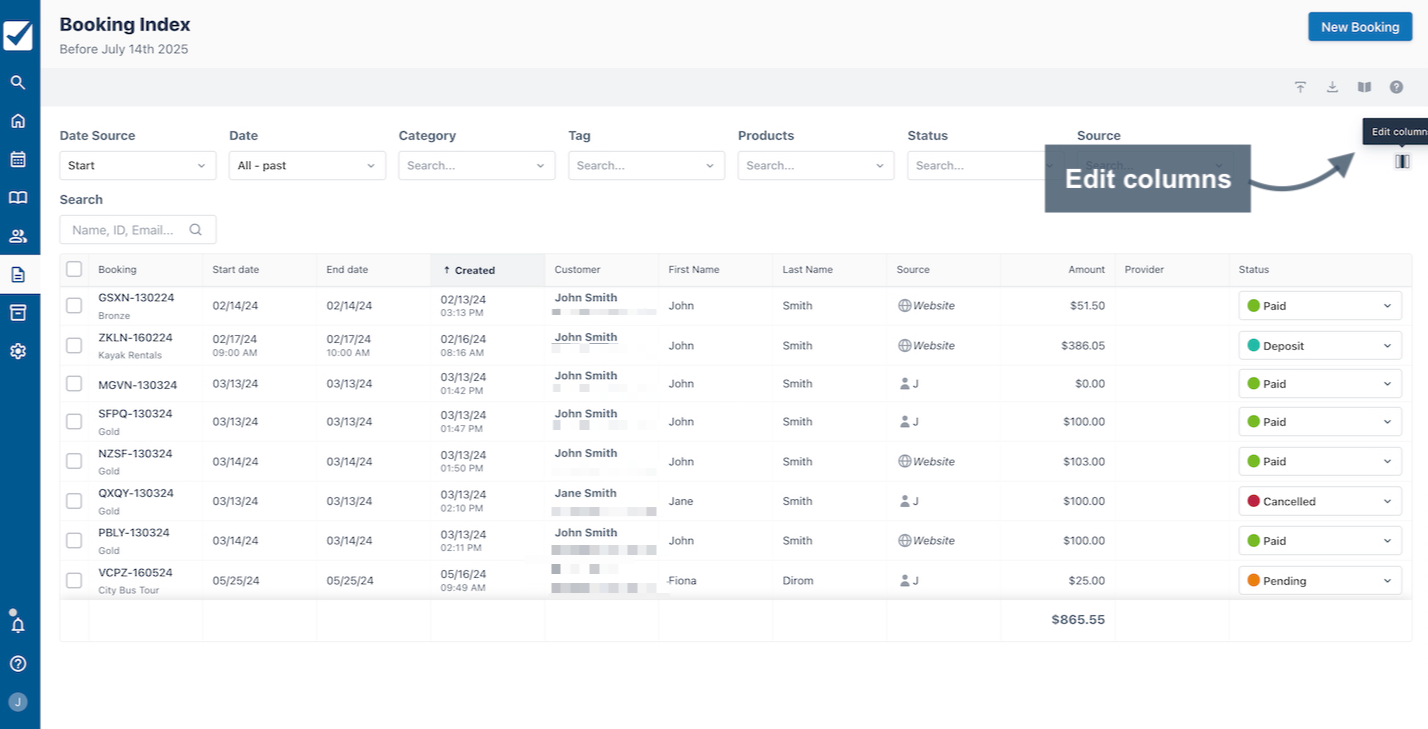 Booking Index page displaying the Edit Columns button highlighted for customizing which columns are visible in the booking list.