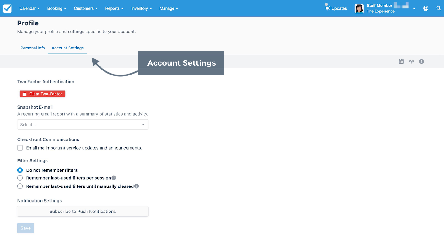 Profile account settings page showing two factor authentication, filter settings, and notification preferences.