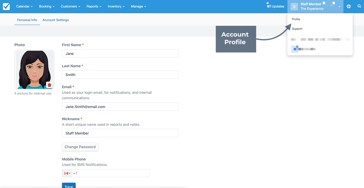 Account profile page displaying personal info form fields with option to update details.