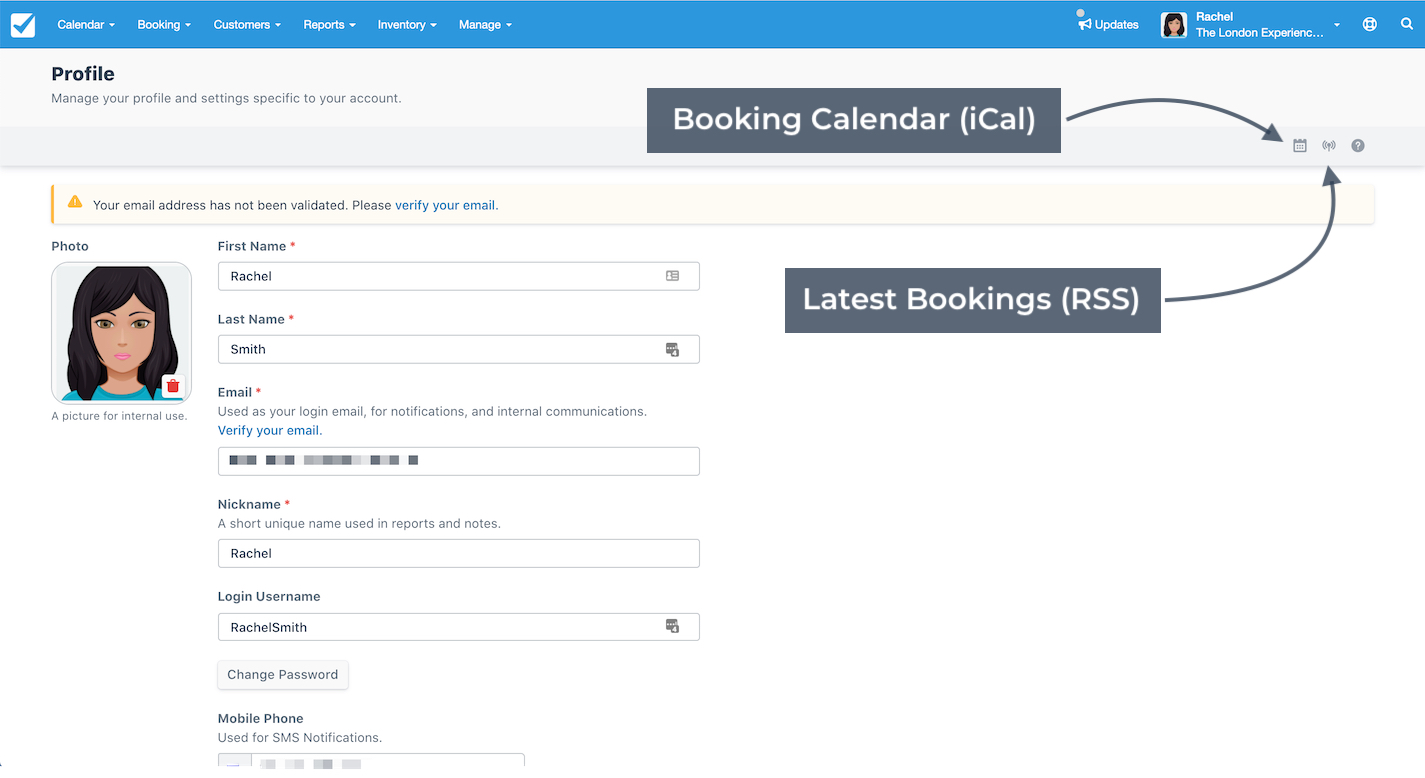 Profile page showing account information with booking calendar iCal and latest bookings RSS feed options.