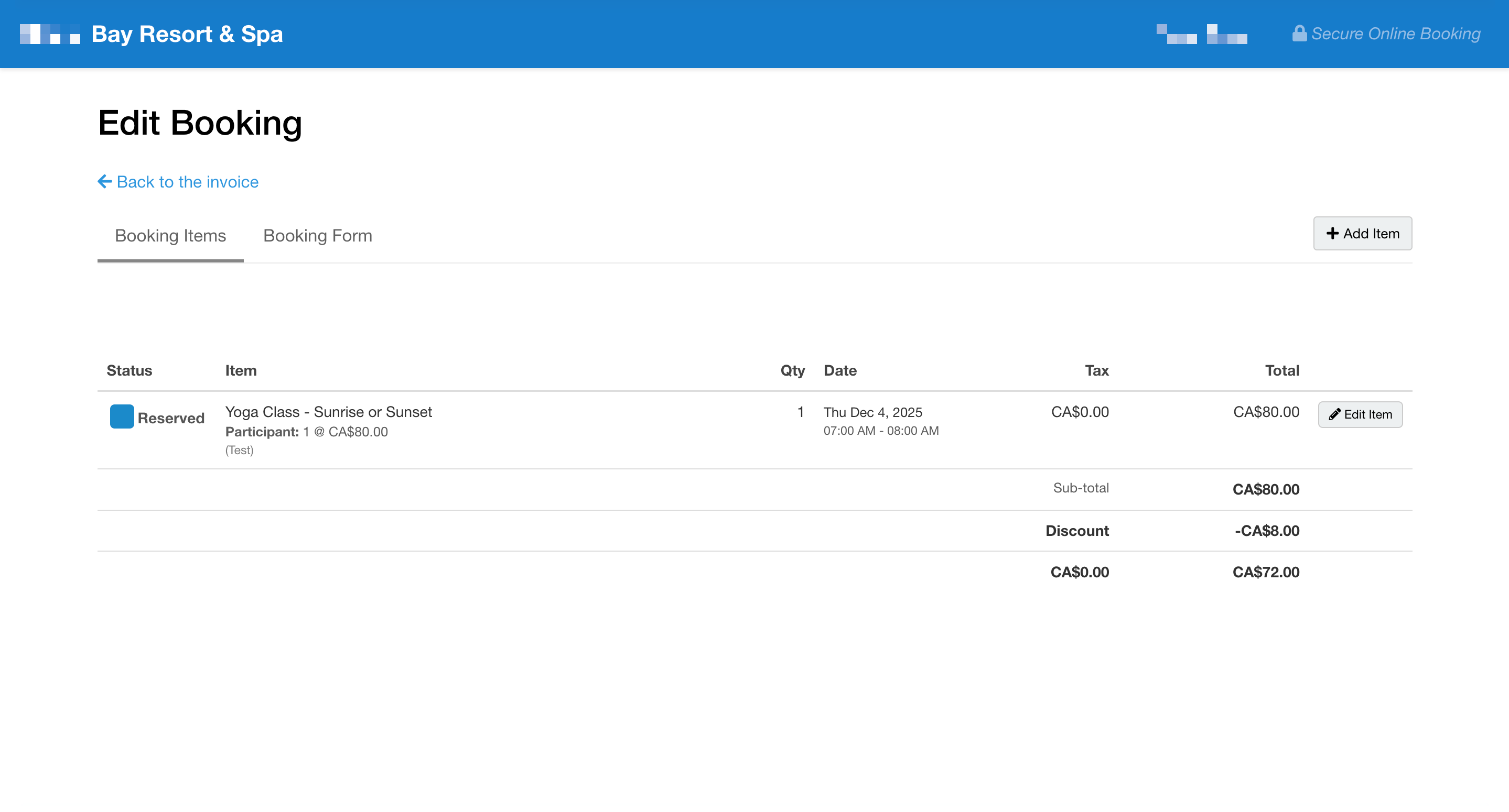 Edit Booking Page with Booking Items and Booking Form tab.