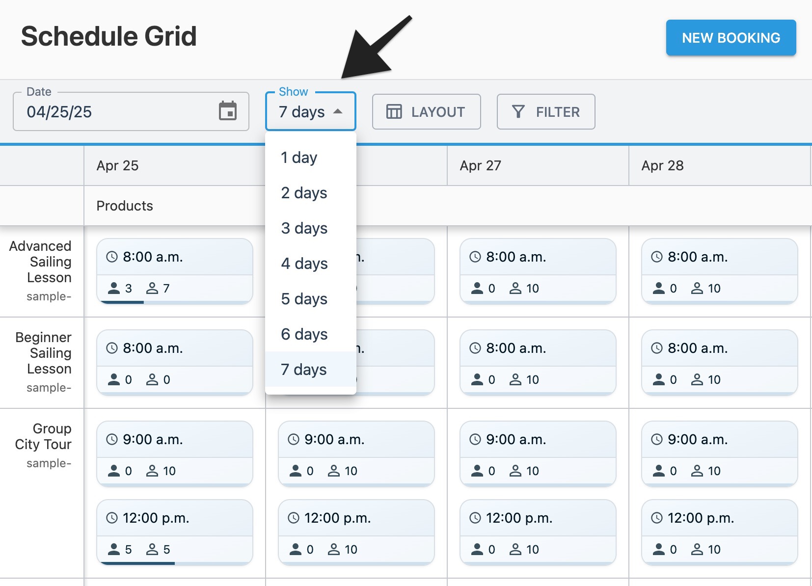 Schedule grid page with annotation highlighting the ‘Show’ menu.