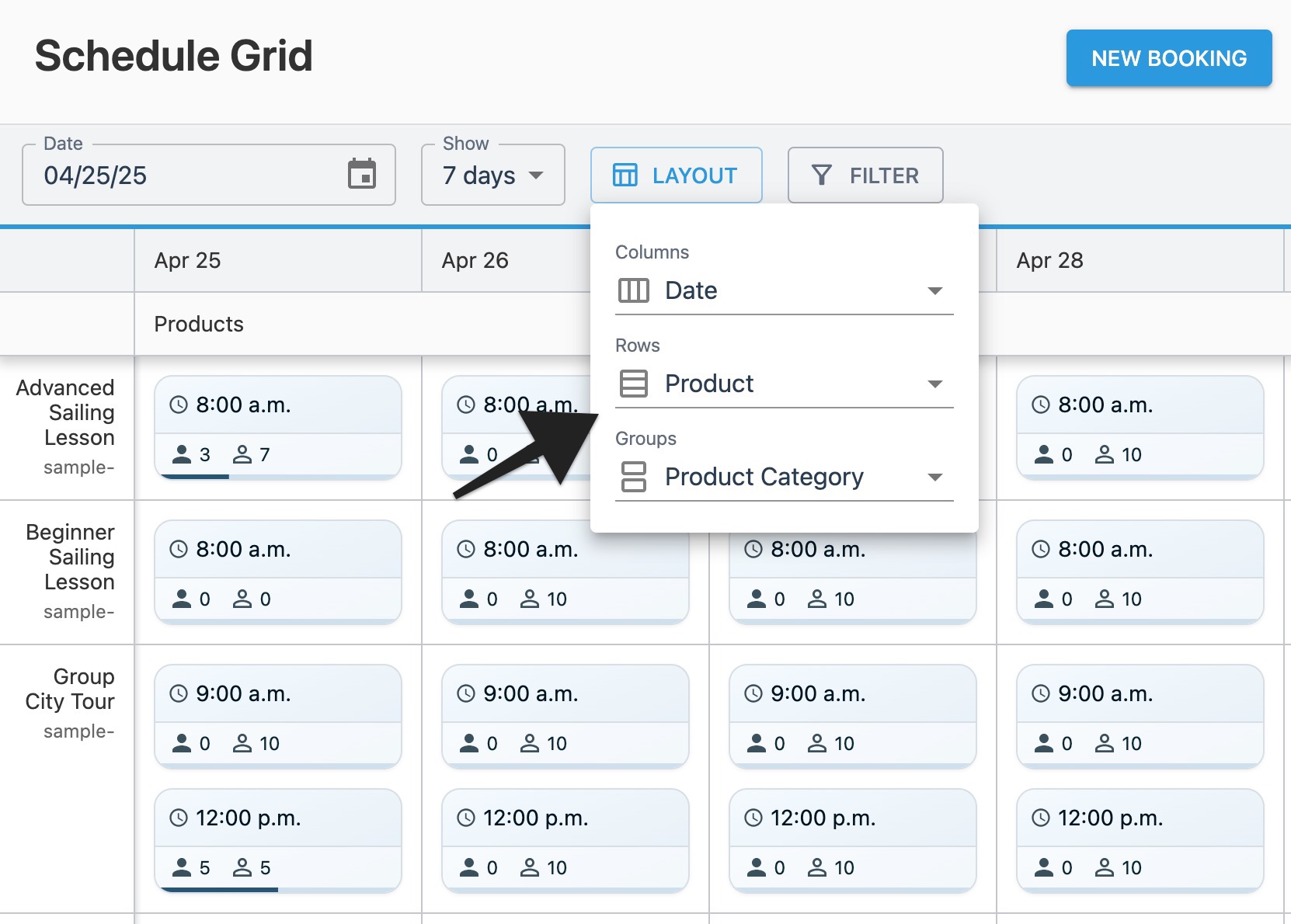 Schedule grid layout window with annotation highlighting ‘Rows’ menu.