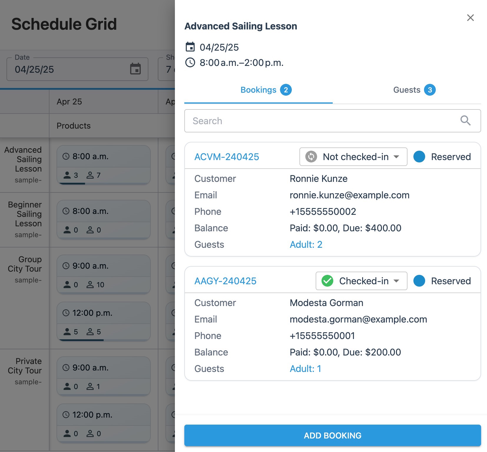 Schedule grid drawer showing overview of ‘Bookings’ tab.