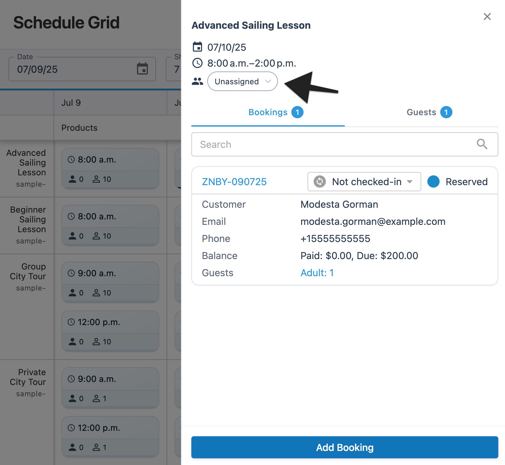 Schedule grid session drawer with annotation highlighting the staff assignment menu for selection.
