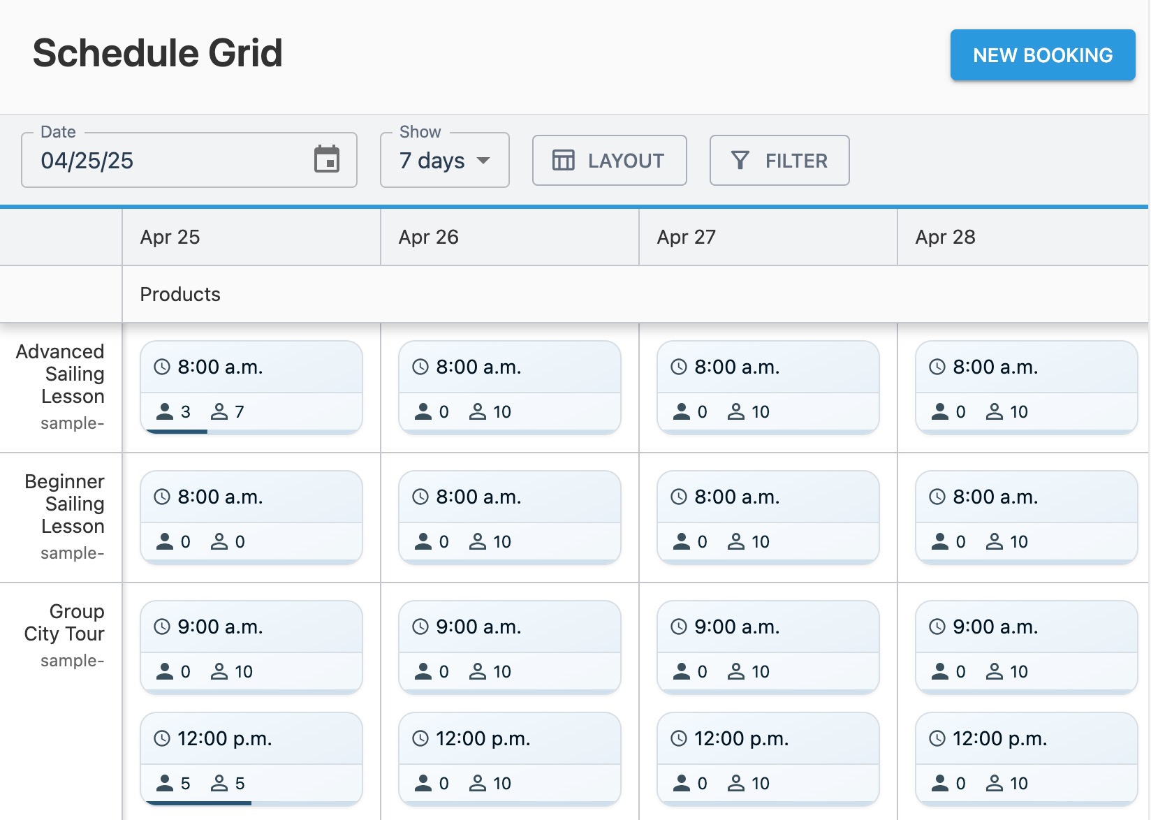 Schedule grid page showing session tile overview.