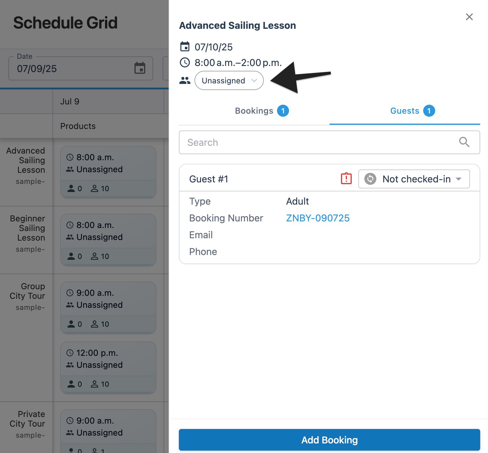 Schedule grid session drawer with annotation highlighting the selection of a staff account entry in the Guests tab.